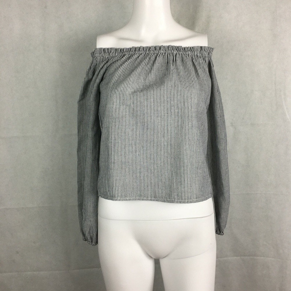 Brandy Melville Shirt Women Sz S Blue White Striped Cotton Off The Shoulder Crop